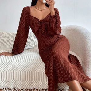 SHEIN Brown Polka Dot Midi Dress with Tie Front
